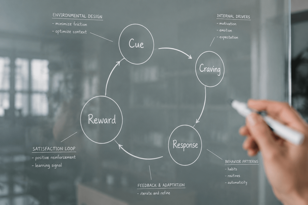 Faktanya, Sistem Kebiasaan Lebih Penting daripada Sekadar Motivasi 4 Diagram siklus kebiasaan cue craving response reward pada papan kaca studio riset psikologi kognitif.
