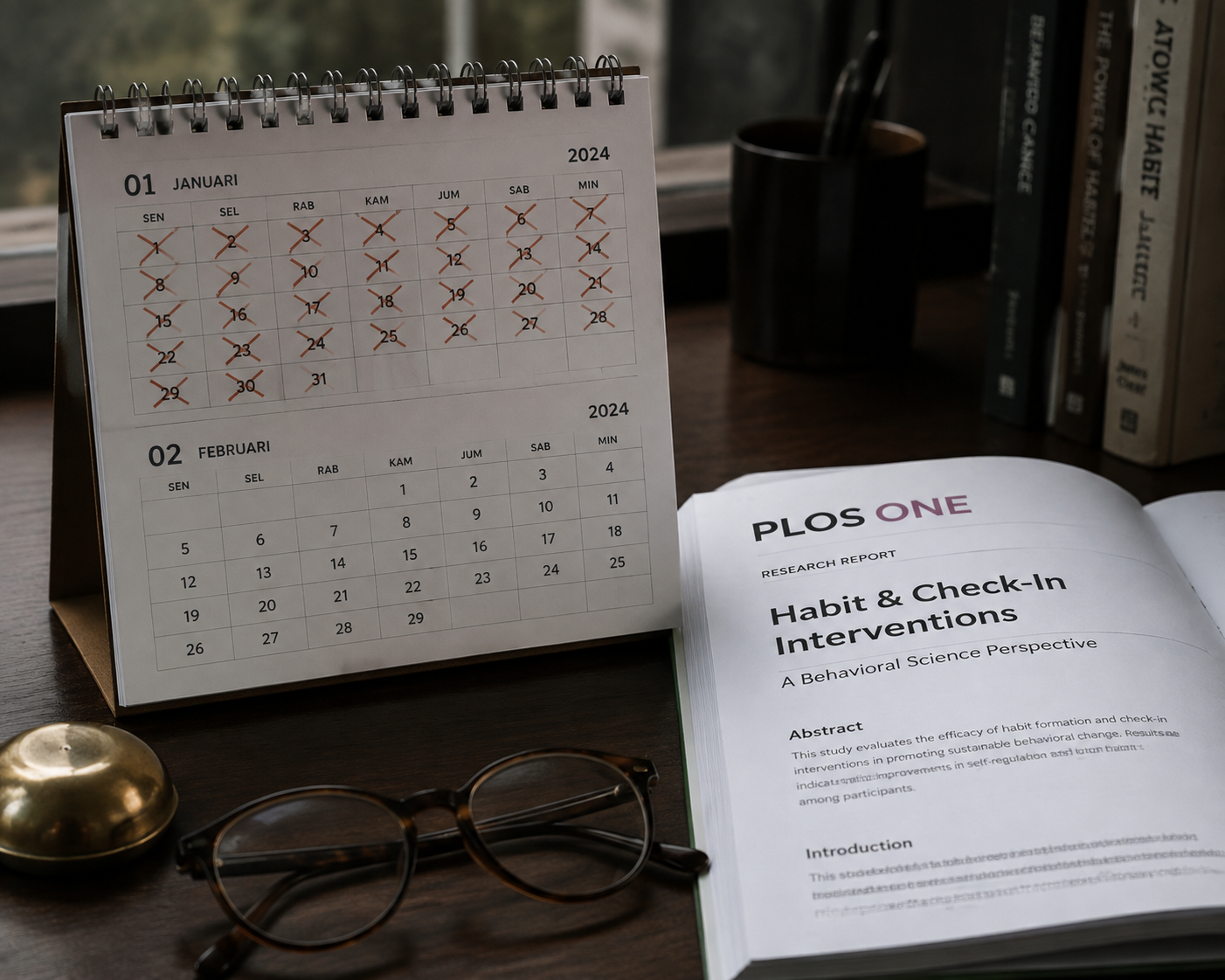 Faktanya, Sistem Kebiasaan Lebih Penting daripada Sekadar Motivasi 3 Kalender meja dan buku jurnal riset perilaku PLOS ONE yang menganalisis kegagalan resolusi tahun baru tanpa sistem pendukung.