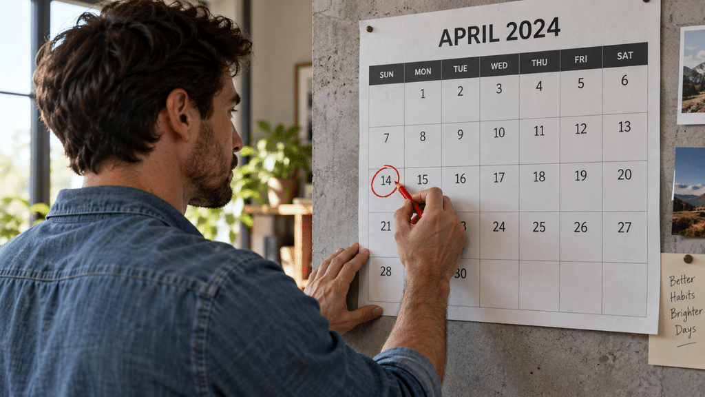 Seseorang menandai tahapan protokol 14 hari adaptasi mental pada kalender dinding minimalis.