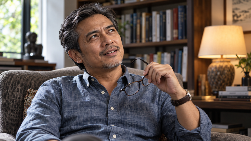 Potret jarak dekat seorang pria paruh baya yang tengah mengevaluasi ulang perspektif di ruang kerja yang tenang.