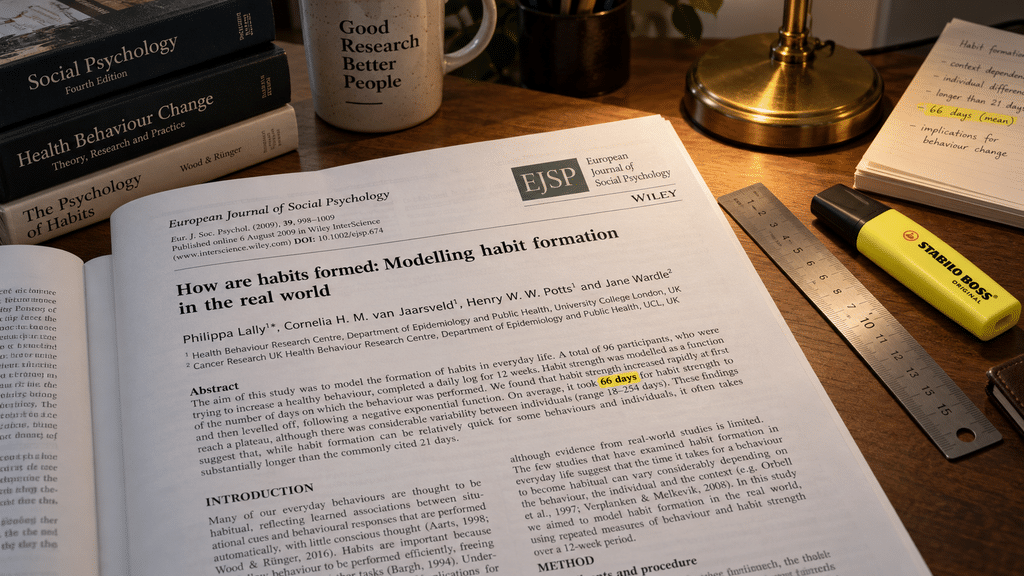 Bukan 21 Hari, Riset Sebut Kebiasaan Baru Butuh Sekitar 66 Hari 2 Tumpukan jurnal ilmiah psikologi, termasuk publikasi University College London mengenai studi otomatisitas kebiasaan.