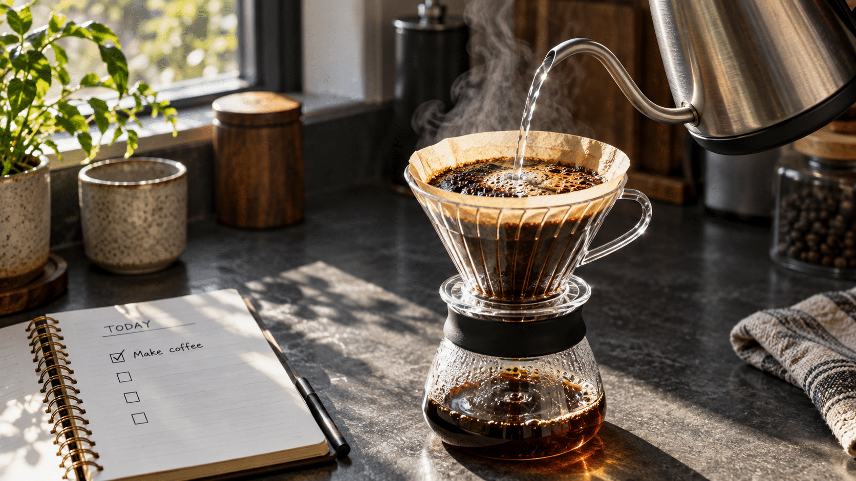 Rutinitas jangkar sederhana berupa seduhan kopi pour-over di dapur minimalis sebelum memulai aktivitas harian.