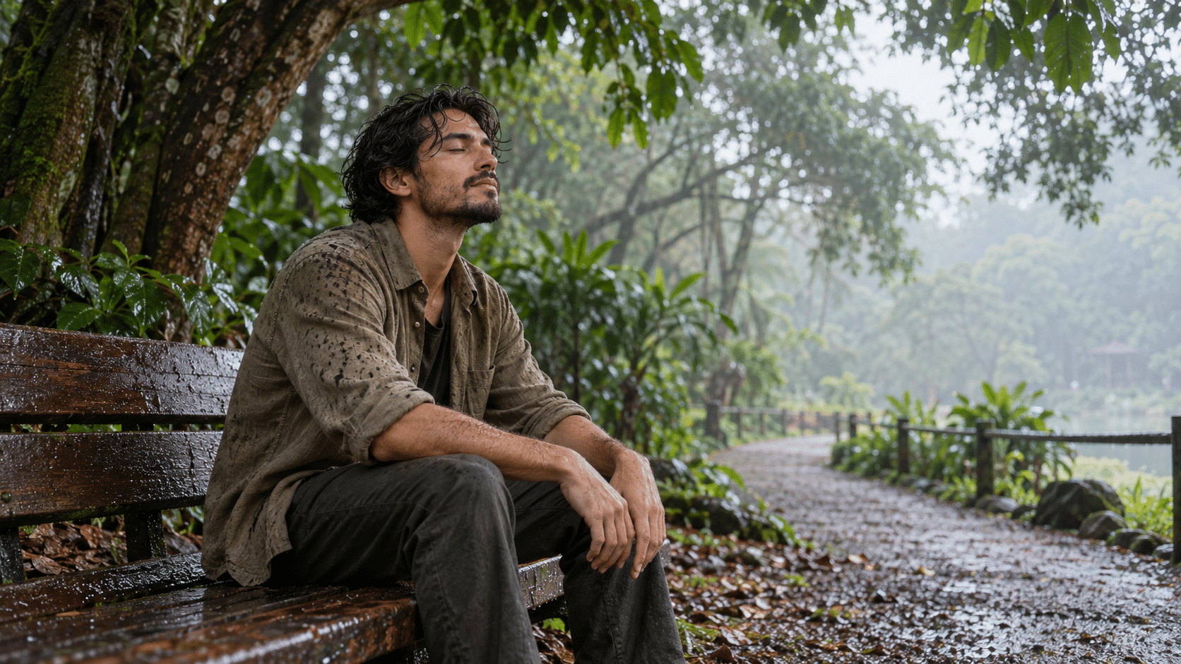 Latihan penerimaan aktif mindfulness di taman terbuka hijau perkotaan dengan gestur tubuh yang rileks dan terbuka.