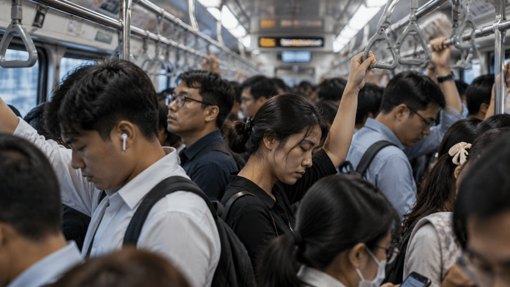 6 Aturan Psikologi Kerap Diabaikan Orang Sukses, Termasuk Istirahat 3 Penumpang kereta komuter publik yang tampak lelah berdiri berdesakan, menggambarkan budaya kerja keras tanpa henti.